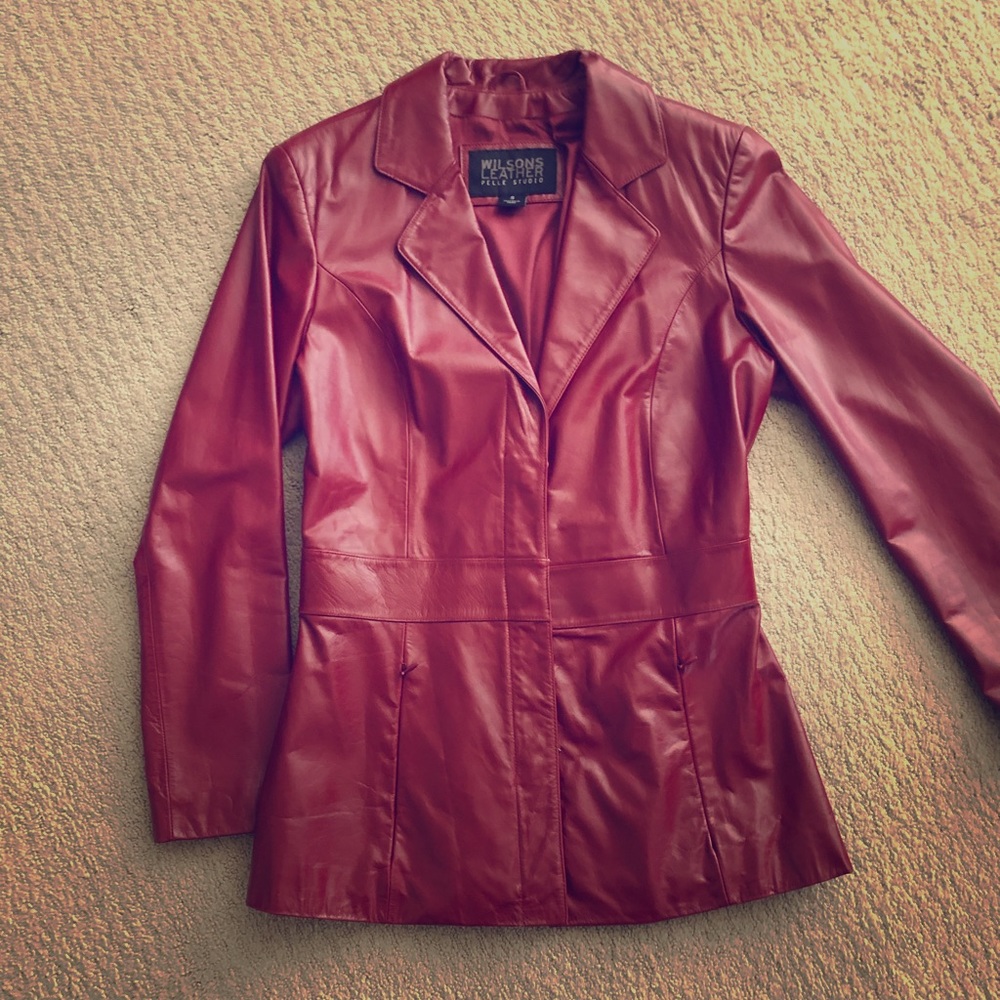 Dark red leather jacket from Wilson’s Leather
